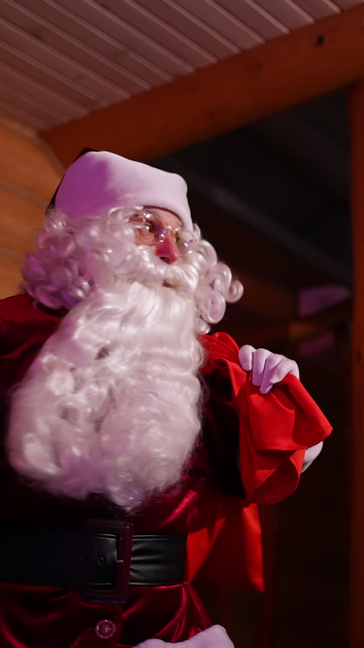 Santa Claus coming into the house quietly. Authentic Santa with white beard and red costume carrying presents to children at New Year's night. Vertical video