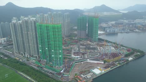 drone footage of tseung kwan o city, hong kong