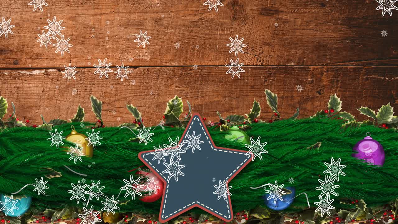 animación de copos de nieve cayendo sobre una bandera en forma de estrella con espacio de copia y decoraciones navideñas.