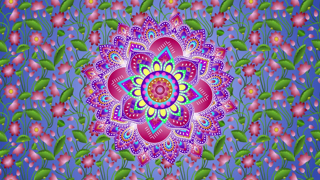 movimiento de rotación de mandala de espíritu romántico volador con plantas de flores de loto patrón animación de fondo