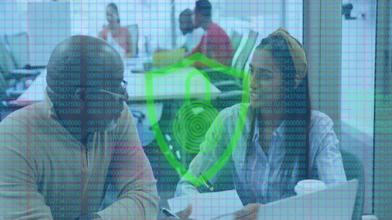 Animation of data processing and padlock over diverse business people in office