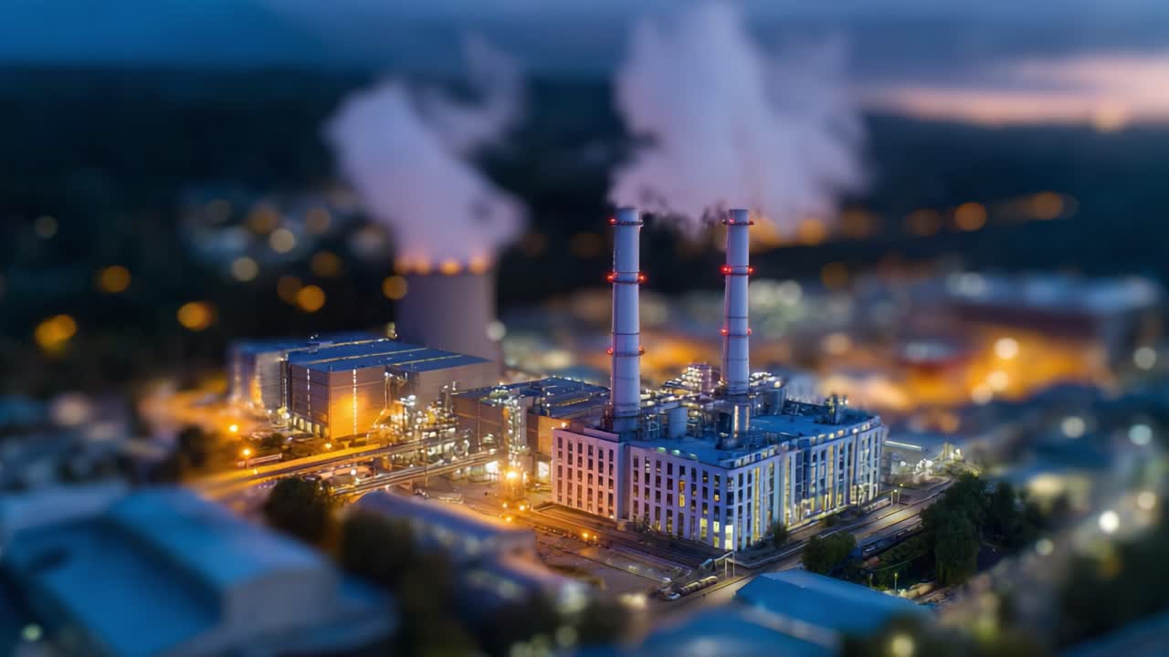 En slående skildring av ett modernt industrikomplex i skymningen, med tornande skorstenar, ångutsläpp och upplysta anläggningar mot en skymningshimmel.