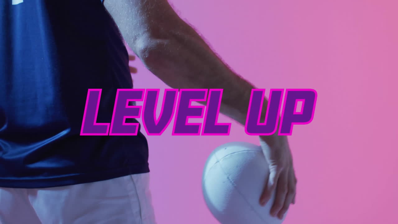Level up text animation over person holding ball against pink background