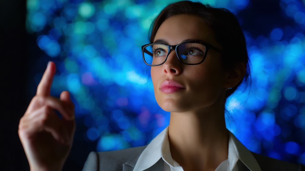 A Professional Woman with Glasses Demonstrates Insight and Innovation Against a Colorful Abstract Background, Indicating A New Idea and Emphasizing Key Concepts in a Creative Environment