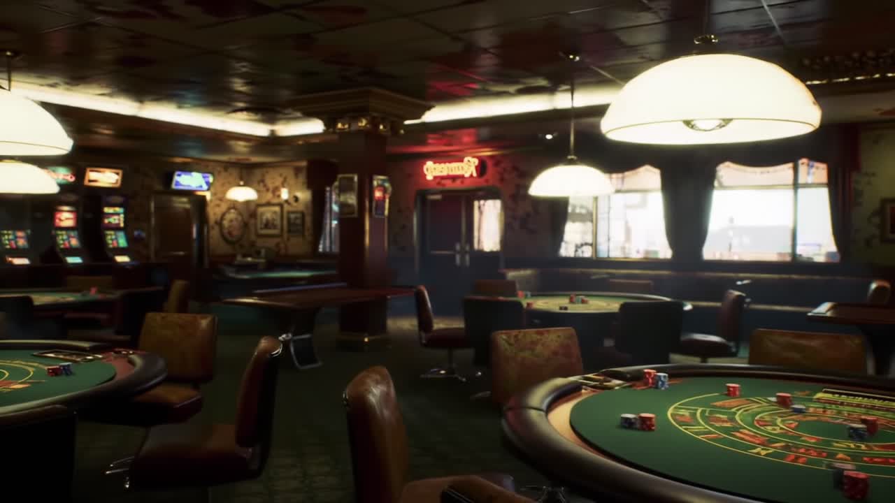 A Glimpse Inside a Lively Casino with Gaming Tables and Slot Machines at Night, Showcasing the Excitement and Glamour of Casino Entertainment
