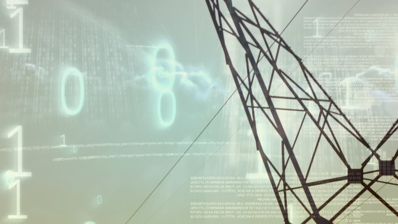 전기 기둥 위의 데이터 처리 및 바이너리 코딩의 애니메이션