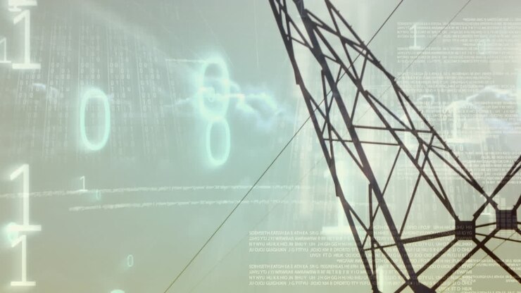 Animation of data processing and binary coding over electricity pylons