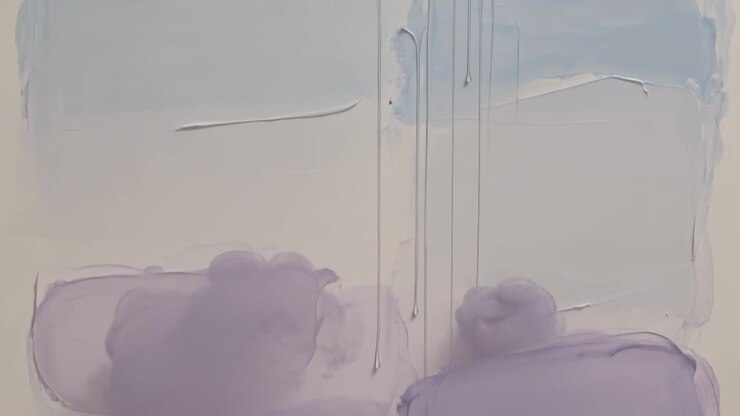 Showing stretched canvas receiving wet paint in studio, three padded strokes creating purple blooms