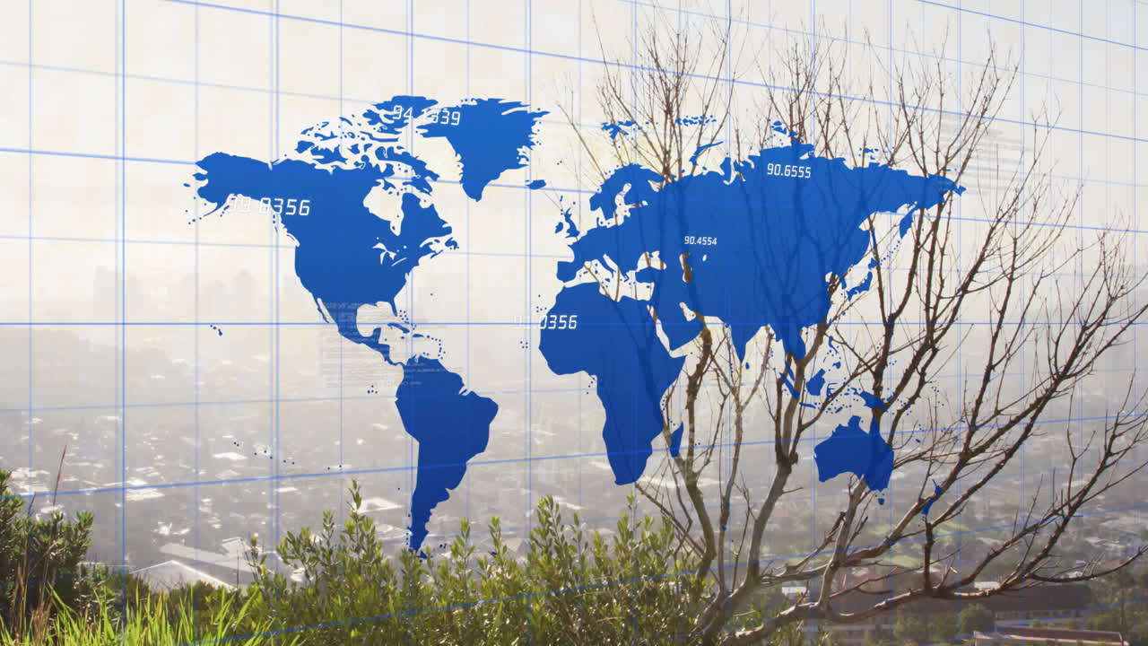 세계 지도와 도시 풍경에 대한 금융 데이터 처리의 애니메이션