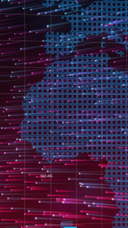 animación de gráfico financiero y mapa del mundo sobre fondo negro con luces rosadas y azules