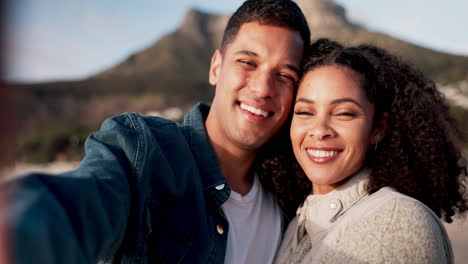 couple, selfie and face on beach with happiness