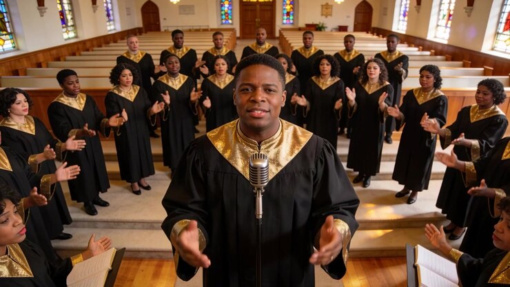 Singing male singer starting song raising arms, peaking ending praise at church with mic