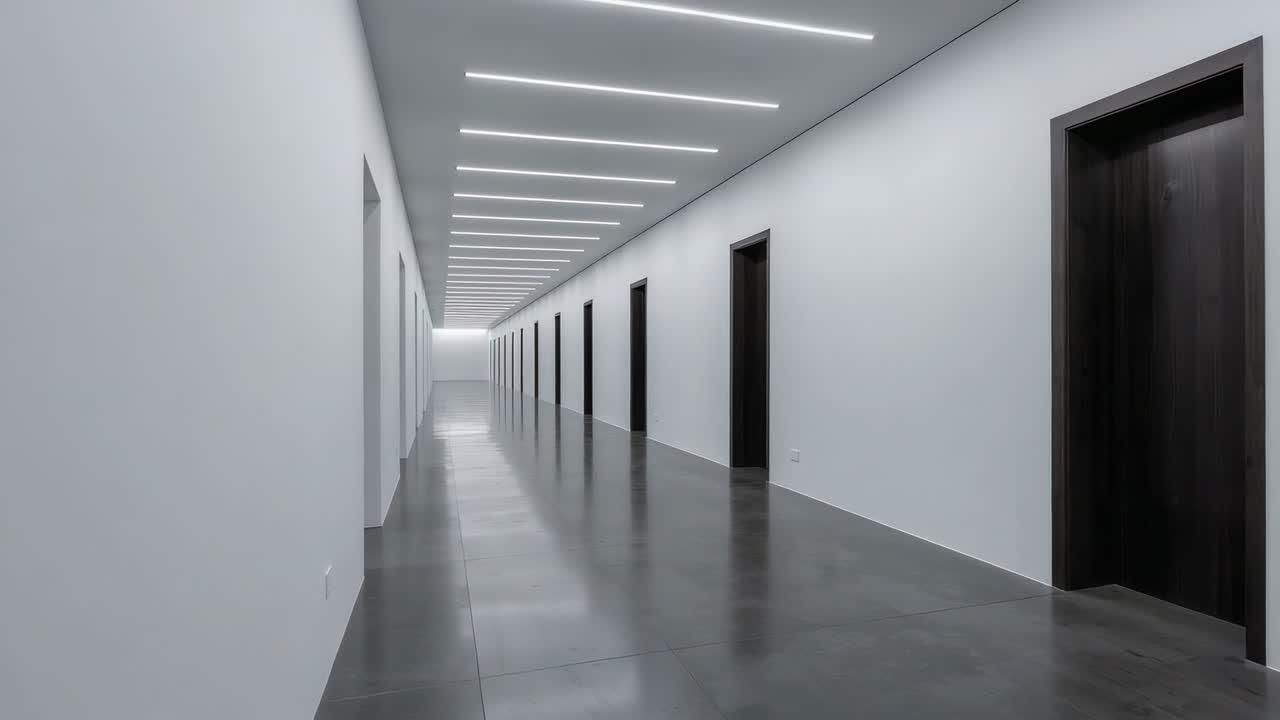 Telecamera in movimento che scivola in avanti lungo il corridoio di una galleria moderna, rivelando l'estremità luminosa e le luci a LED