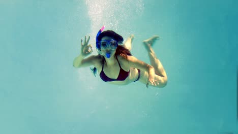 bruneta en forma buceando en la piscina con esnórquel