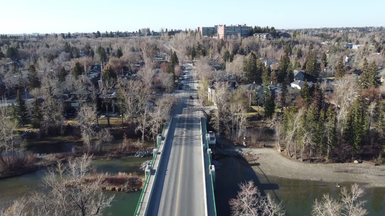 Aerial view of Calgary's inner-city neighbourhood of Mission on an early spring morning
