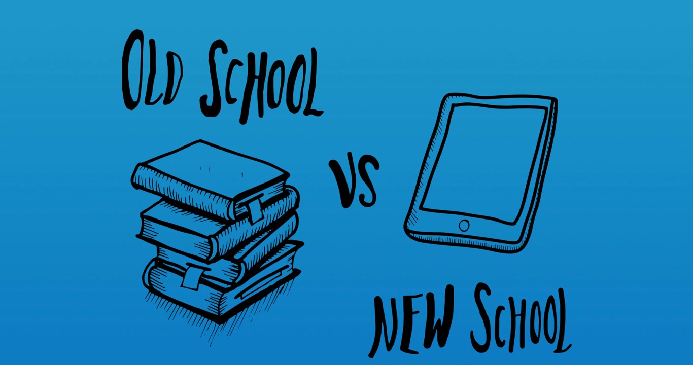 Animazione del testo "old school vs new school" e di icone digitali su sfondo blu