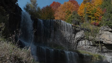 water cascades over rocky cliffs surrounded by vibrant autumn trees in a serene forest setting
