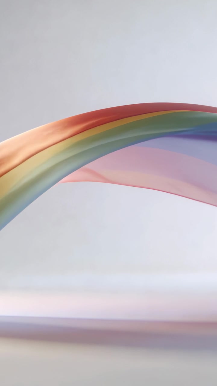 Vertical video: Flowing sheer rainbow scarf twisting across pale wall showing color bands