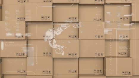 Animation-of-data-processing-and-globe-spinning-over-stack-of-cardboard-boxes-in-warehouse