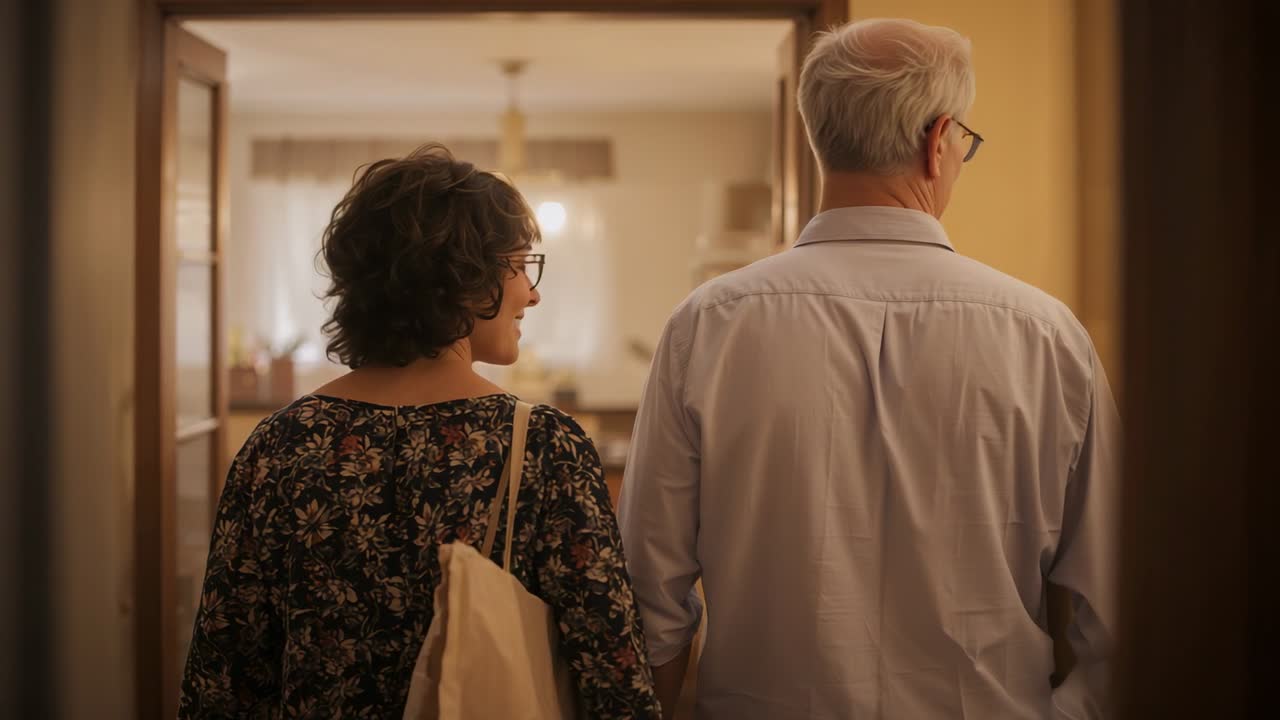 Walking couple through door into lit room, woman in floral dress carrying tote, wearing glasses