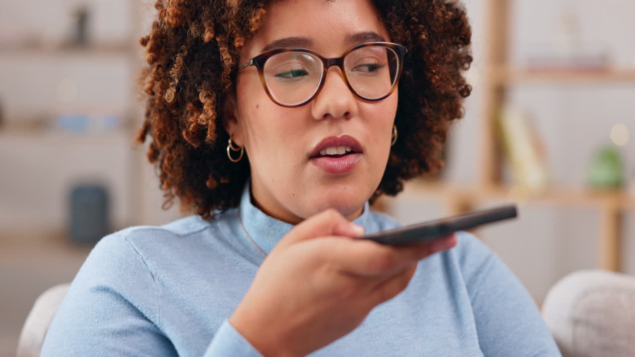 Voice call, phone and woman on sofa talking