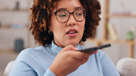 voice call, phone and woman on sofa talking