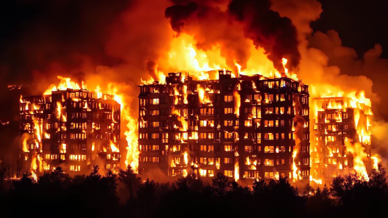 큰 건물이 밤에 불꽃에 싸여 있습니다.