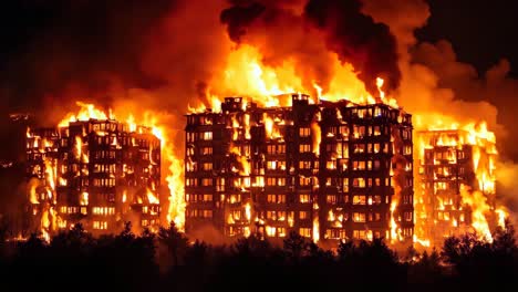 a large building is engulfed by flames at night