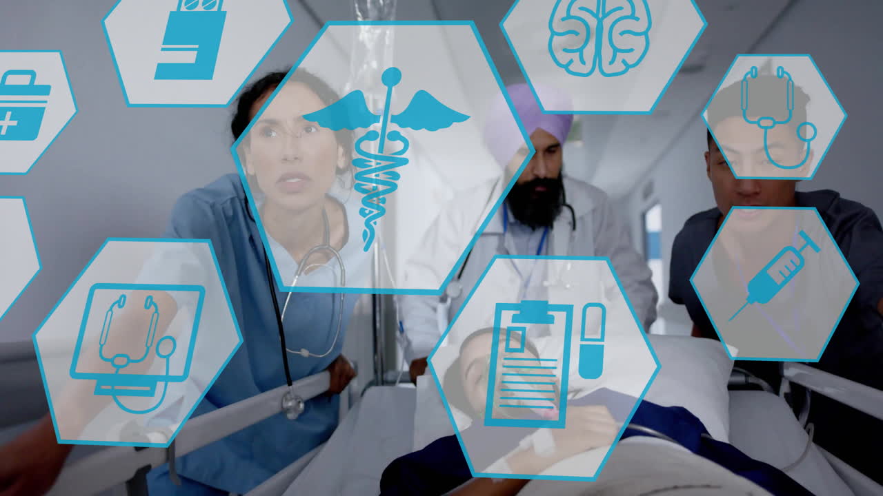 Animation of medical icons over diverse doctors and patient in hospital