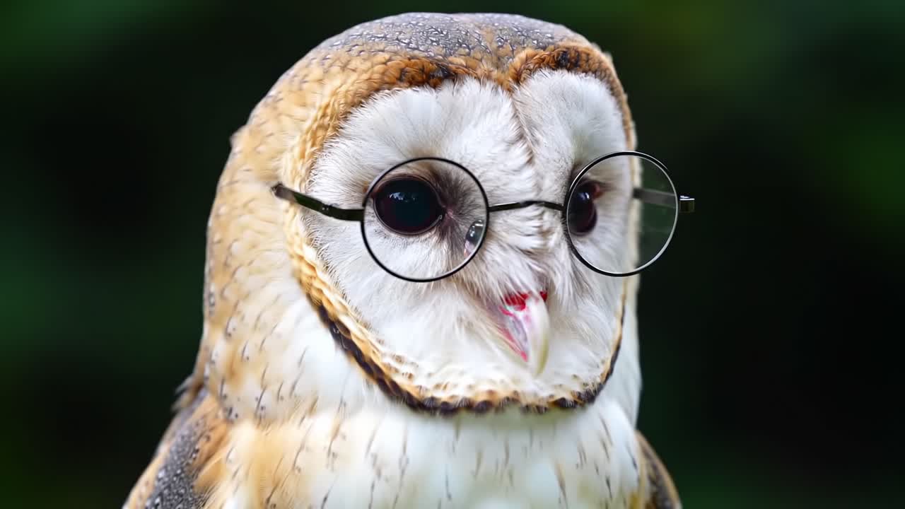 A Charming Barn Owl with Glasses Captured in Close-Up, Displaying Its Unique Features and Intelligent Expression Against a Lush Green Background