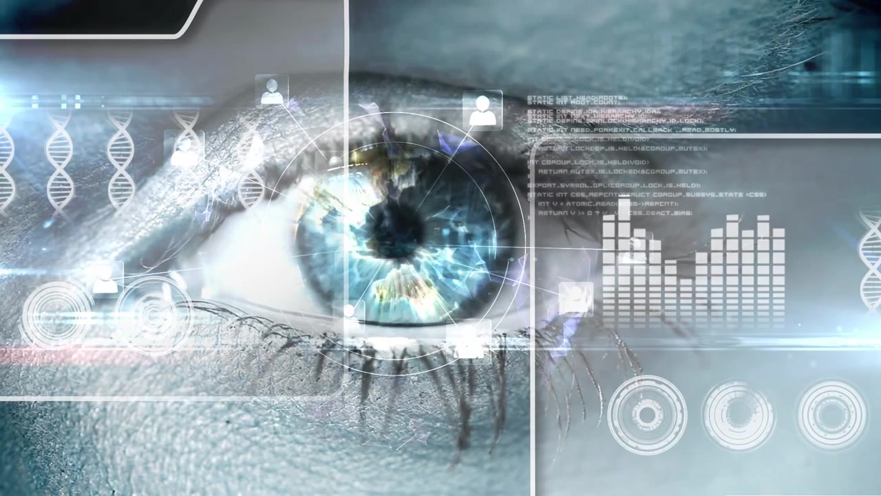 Animation of woman eye scanning people icons and digital displays with dna helix, eyeballs and graph