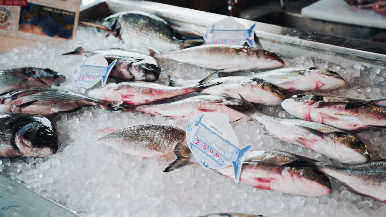 Close up shot of fresh whole fish being neatly arranged on a bed of crushed ice at a seafood market, highlighting their shiny scales and premium quality