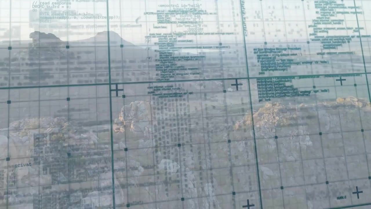 Semi-transparent grid overlay centering while camera panning, revealing text aligning over rocks