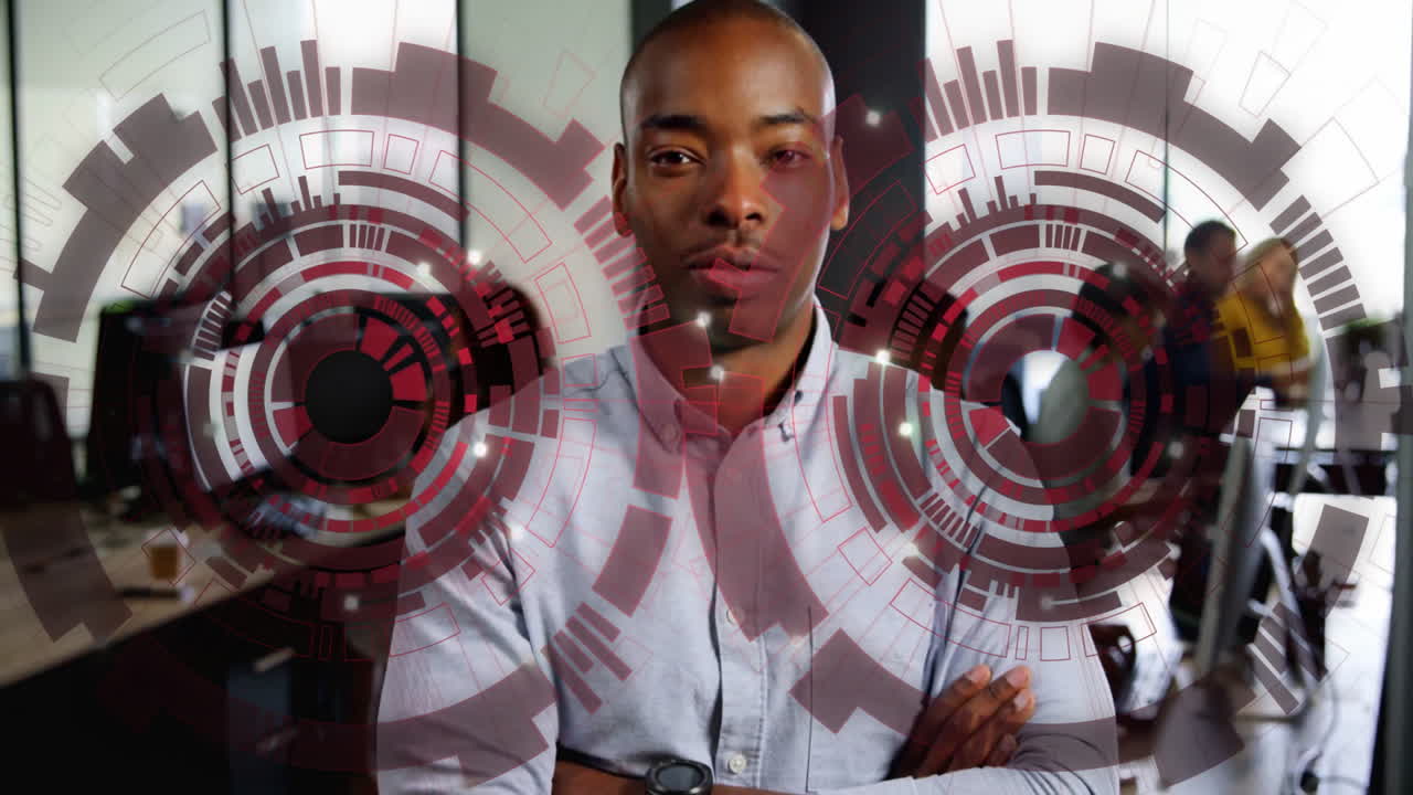 Man in office with digital interface animation over his face