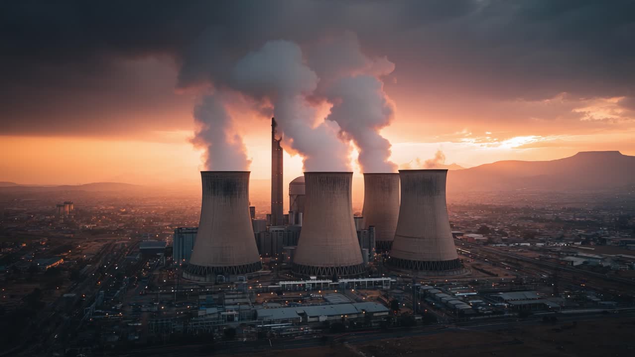 Aerial View of Industrial Power Plant at Sunset, Showcasing Cooling Towers and Emissions Against a Dramatic Sky, Highlighting Environmental Impact and Urban Landscape