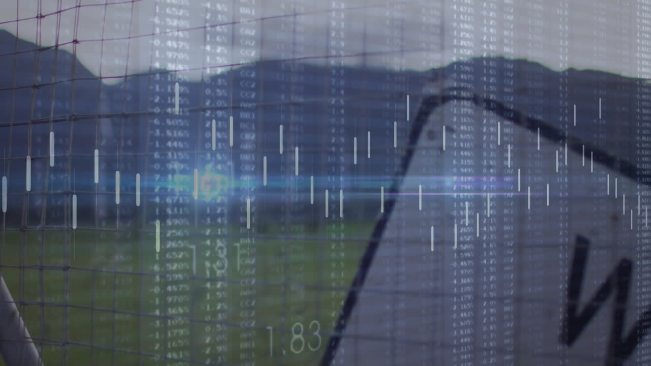 Financial data and stock market chart animation over outdoor landscape