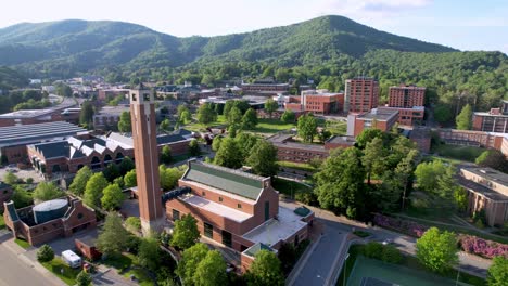 Campus-De-La-Universidad-Estatal-De-Los-Apalaches-De-Extracción-Baja-Aérea-En-Boone-Nc,-Carolina-Del-Norte