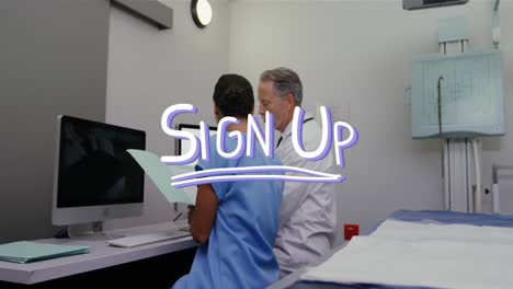 animation of sign up text over diverse doctors