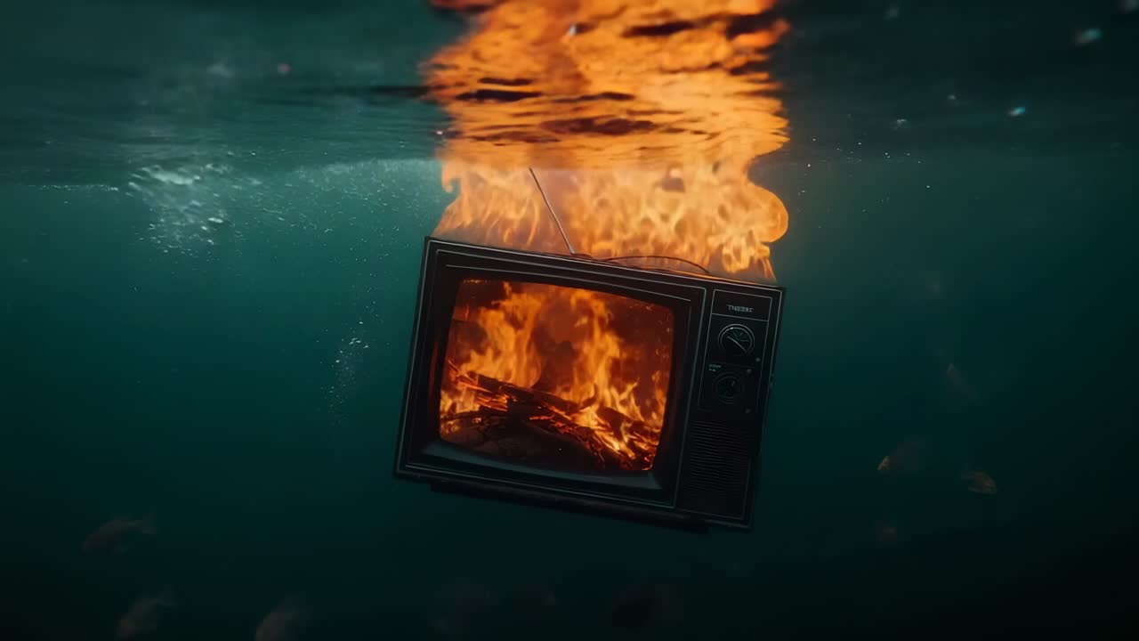 Sparking CRT TV burning undersea, flames emitting bubbles as set sinking with fish swimming