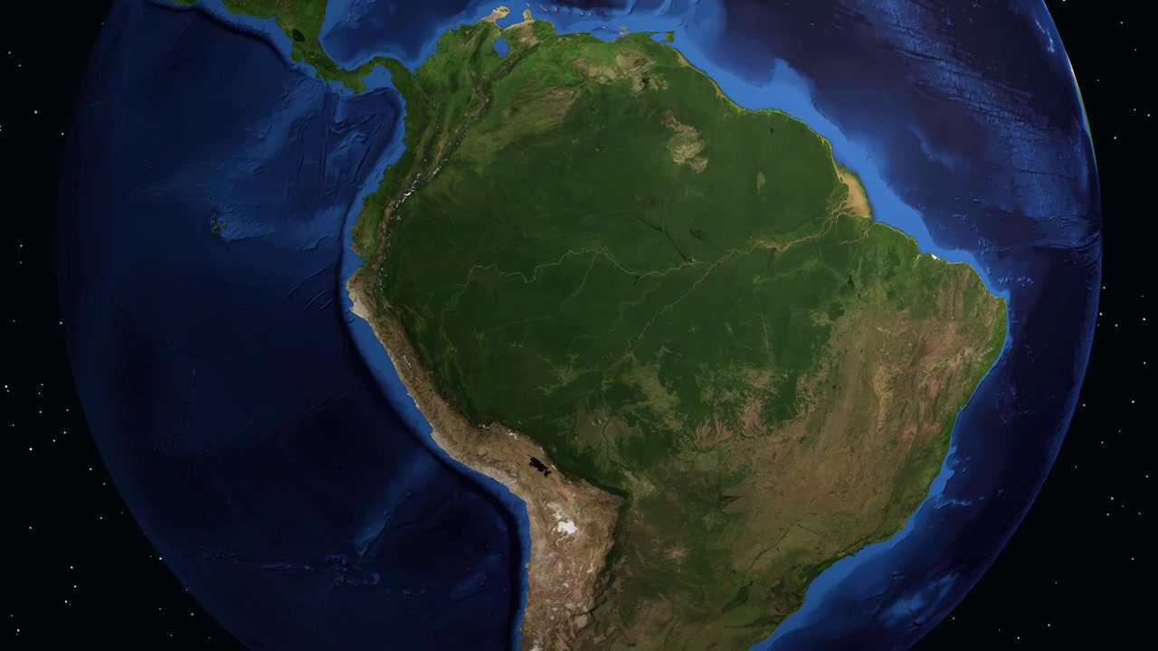 Digitální glóbus se otáčí a přibližuje na Jižní Ameriku, zvýrazňující Pucallpu v Peru s metadaty o poloze