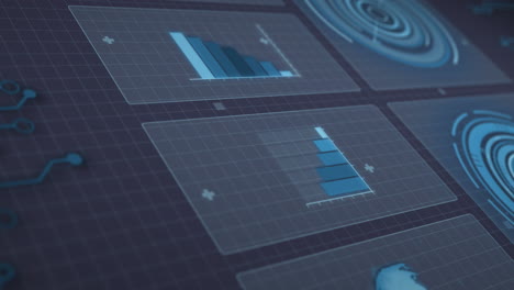 animation of graphs, loading circles and circuit board pattern over abstract background