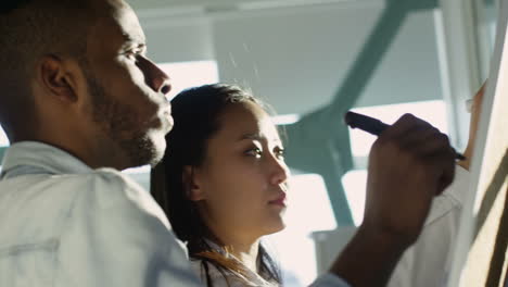 young businessman and female colleague develop an idea on the board in the office