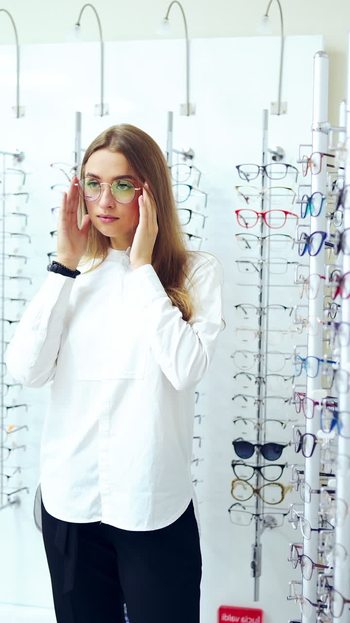 Optical store. Woman choosing spectacles indoors. Young girl in white blouse trying on new eyeglasses on stylish glasses background. Eyesight concept. Vertical video