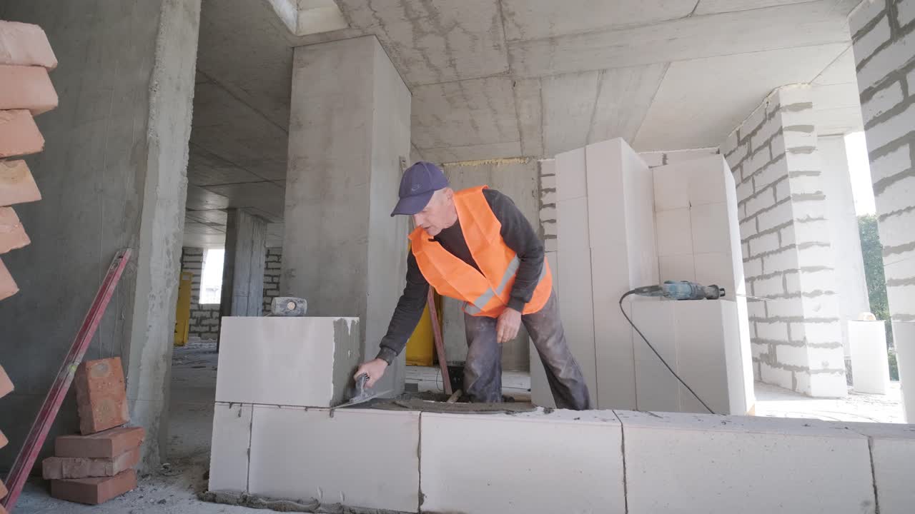 constructor que coloca una pared de bloques de gas con herramientas y mortero adhesivo. construcción de bloques acc. un trabajador construye una pared interior de una casa de ladrillos de hormigón aerado.