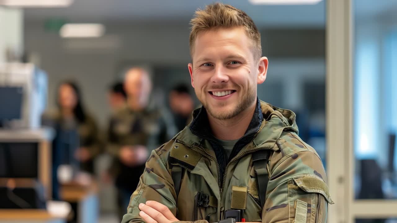 Professional military officer standing confidently in office, crossing arms and smiling while blurred colleagues work in background, embodying leadership and workplace dedication