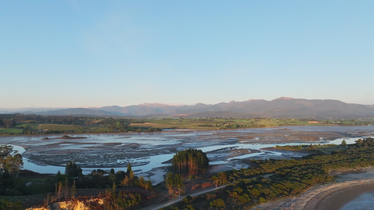 Aerial drone shot of the Moutere inlet and mudflats, near Motueka, New Zealand