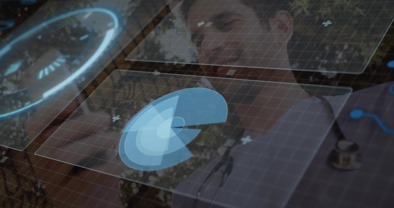 Doctor tapping phone calling hologram with chart filling gauge pulsing code scrolling