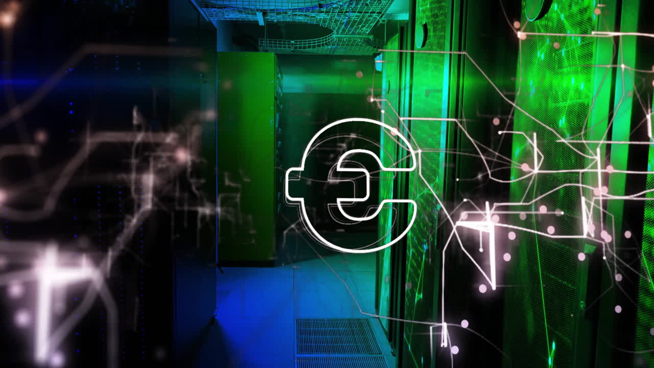 animación del símbolo del euro en la sala de servidores