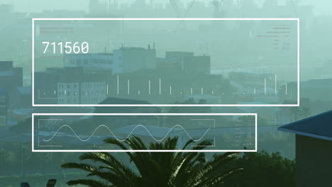 animation of financial data processing over cityscape