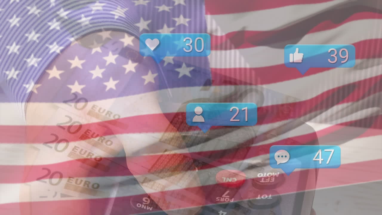 미디어 아이콘의 애니메이션과 계산기를 가진 손, 미국 국기와 지폐